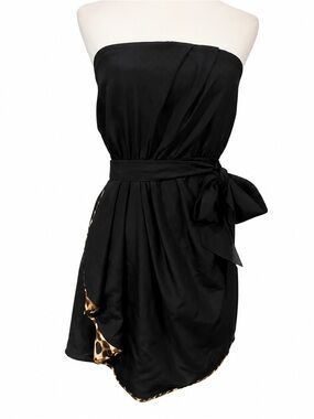 Express strapless wrap mini dress in black with leopard trim